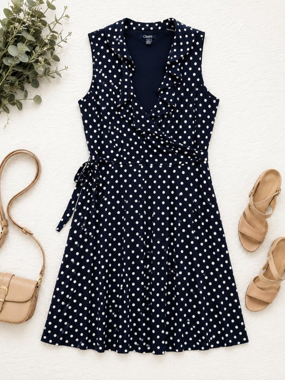 Chaps Polka Dot Wrap Dress XL Navy White Sleeveless Ruffle Midi